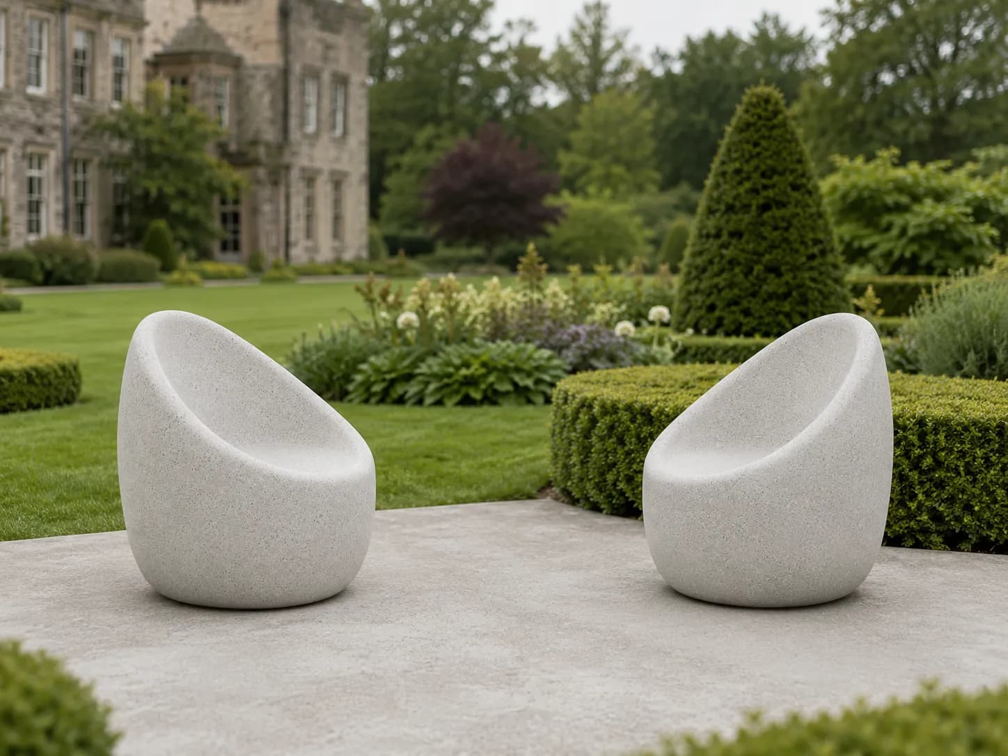 Veyra Single Seating — in context — off-white concrete + iroko
