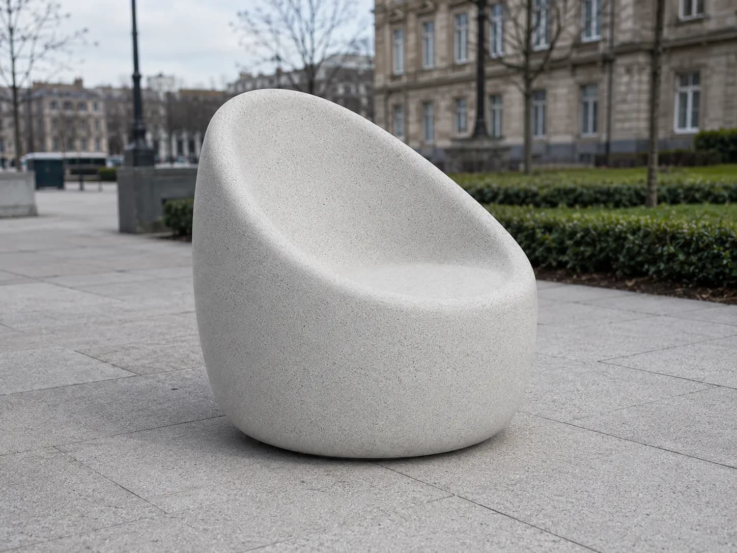 Veyra Single Seating — in context — off-white concrete + iroko