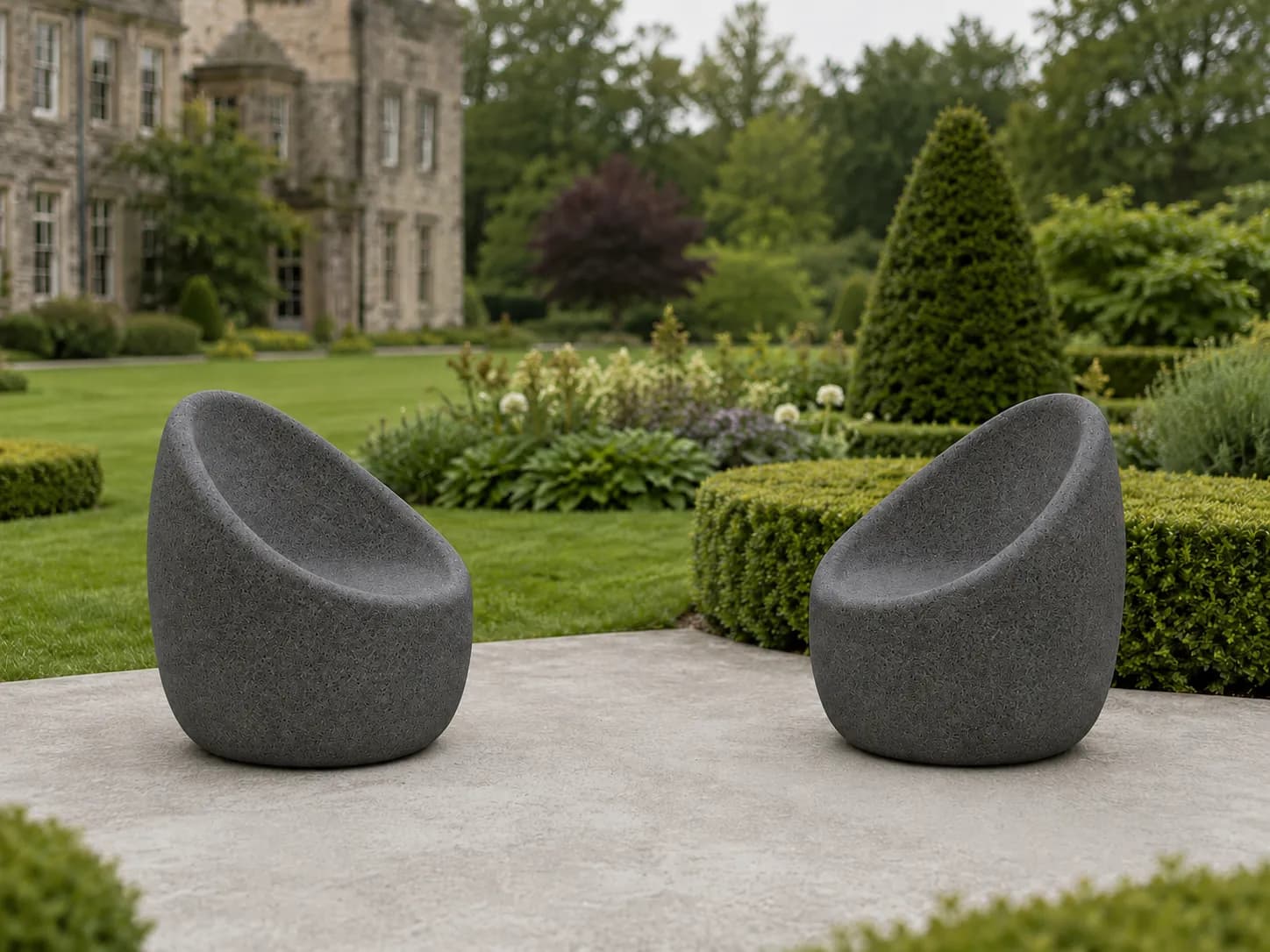Veyra Single Seating — in context — basalt concrete + sapelli