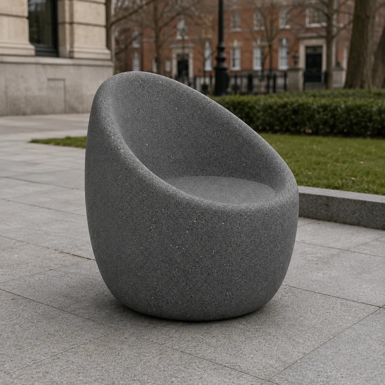 Veyra Single Seating — in context — basalt concrete + sapelli