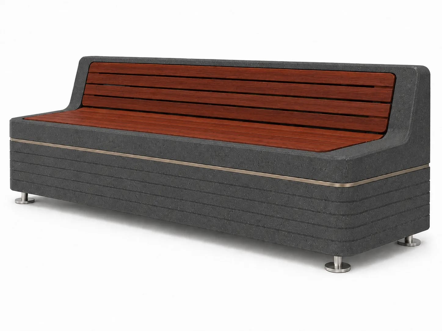Liora Rest Bench — 3/4 perspective — basalt concrete + sapelli