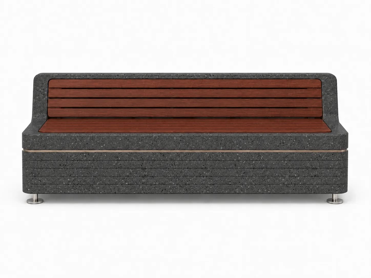Liora Rest Bench — front view — basalt concrete + sapelli