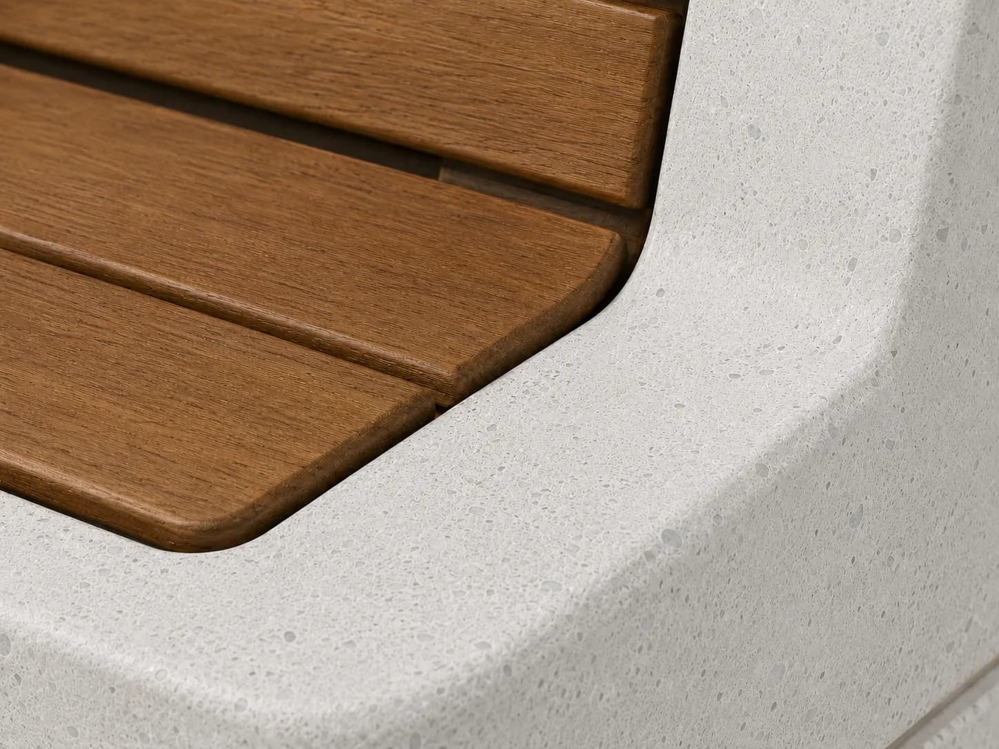 Liora Rest Bench — detail close-up — off-white concrete + iroko