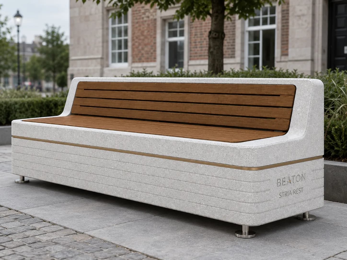 Liora Rest Bench — in context — off-white concrete + iroko