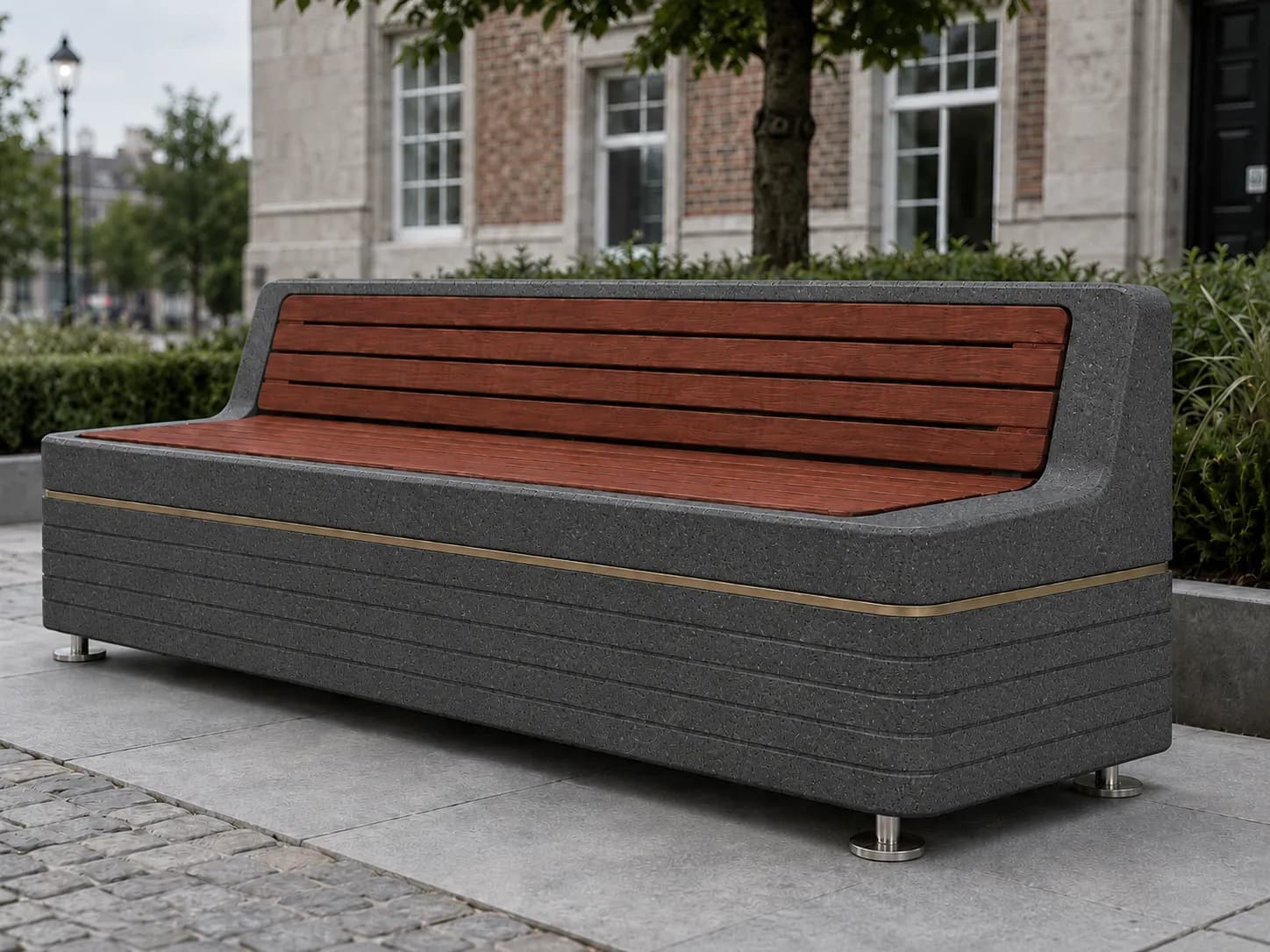 Liora Rest Bench — in context — basalt concrete + sapelli