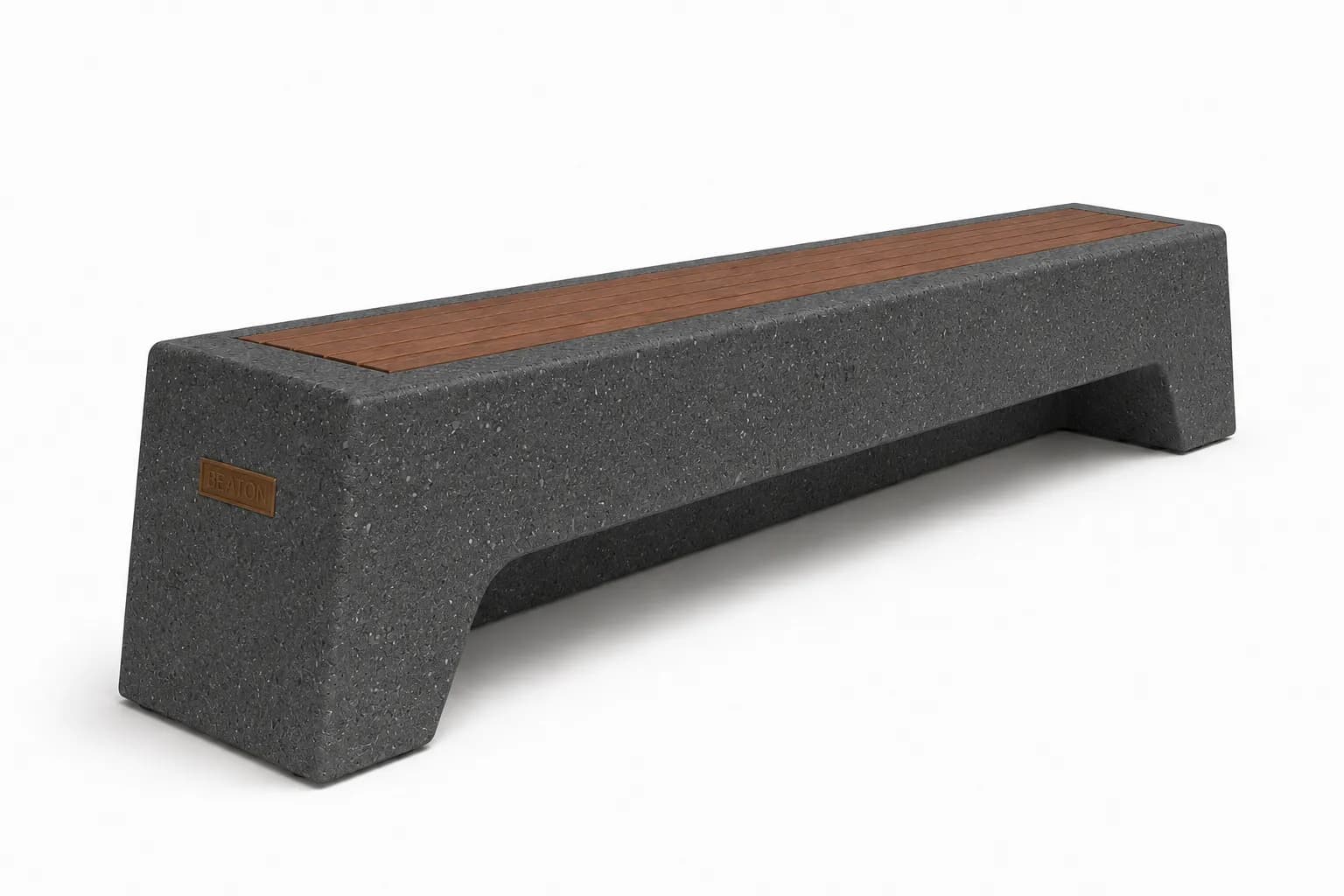 Caven Beam Bench — 3/4 perspective — basalt concrete + sapelli