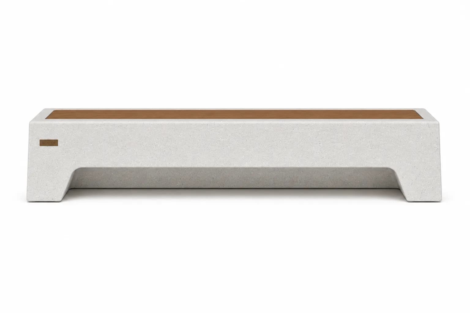 Caven Beam Bench — front view — off-white concrete + iroko