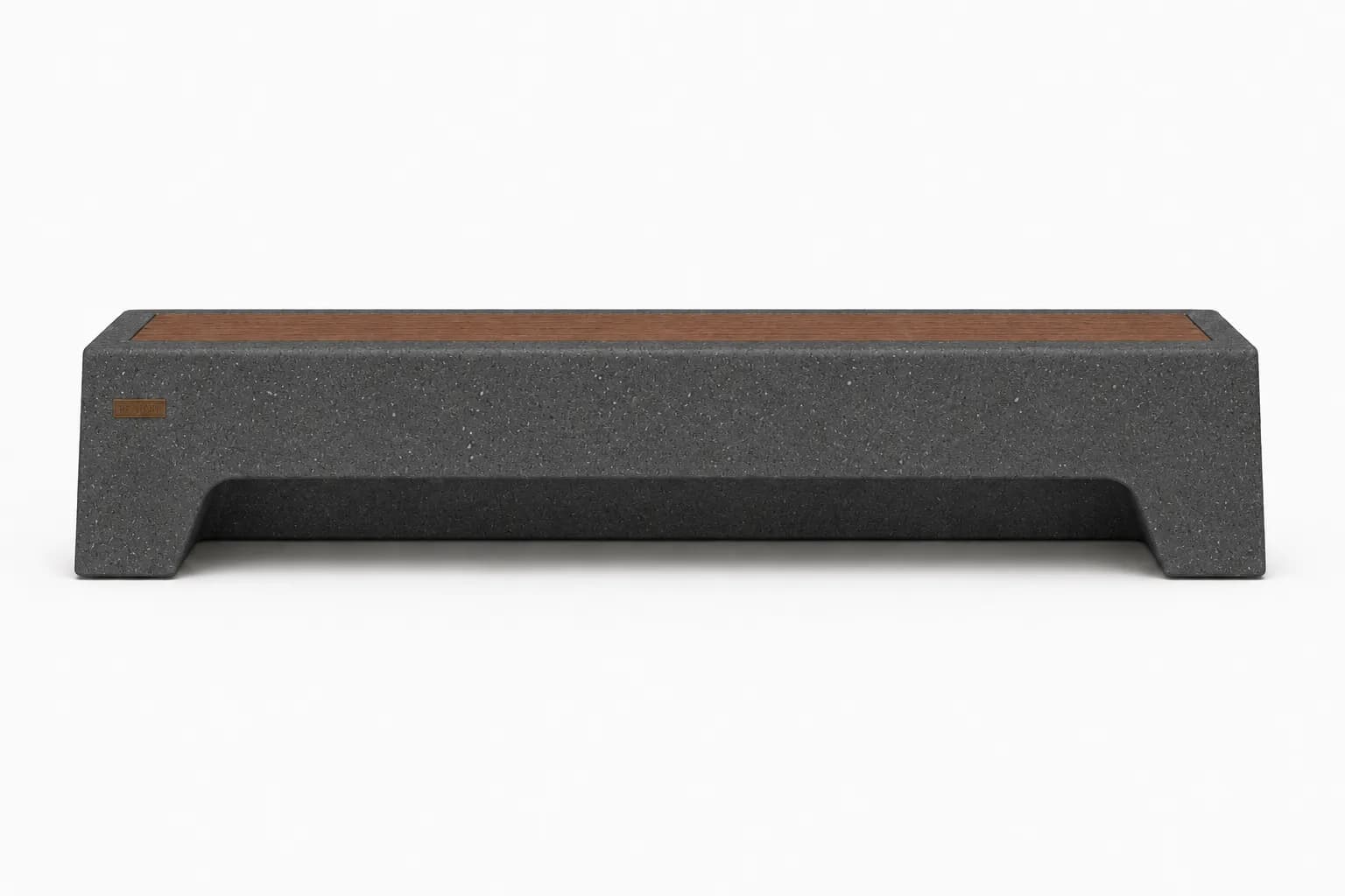 Caven Beam Bench — front view — basalt concrete + sapelli