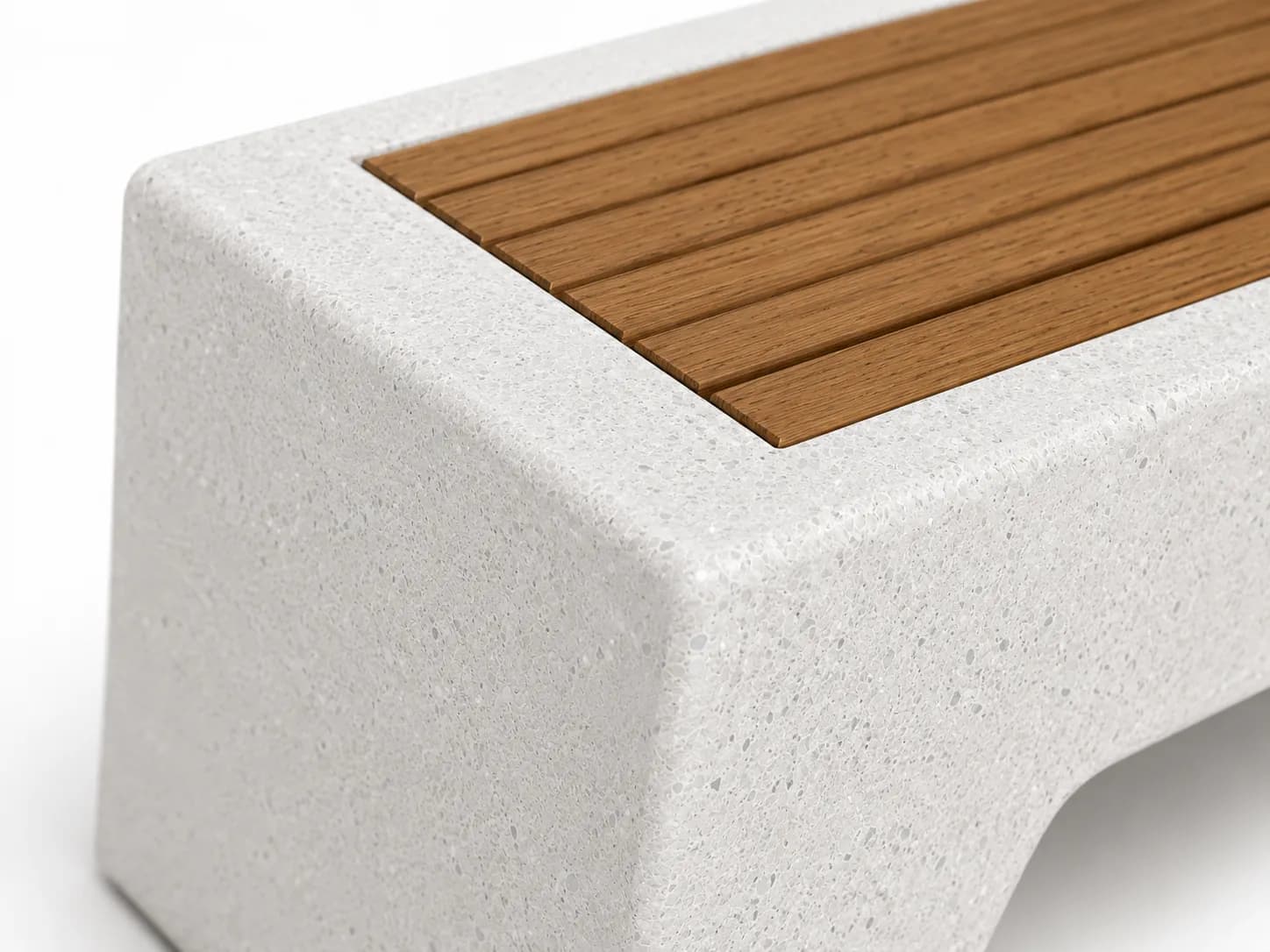 Caven Beam Bench — detail close-up — off-white concrete + iroko