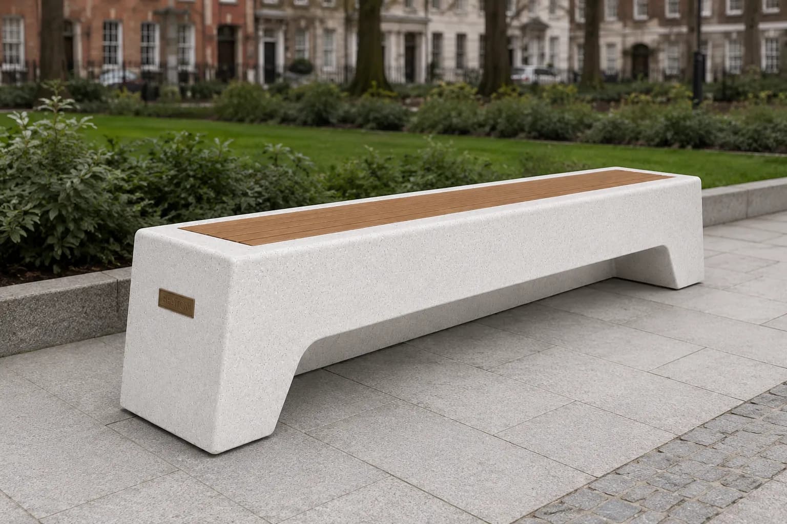 Caven Beam Bench — in context — off-white concrete + iroko