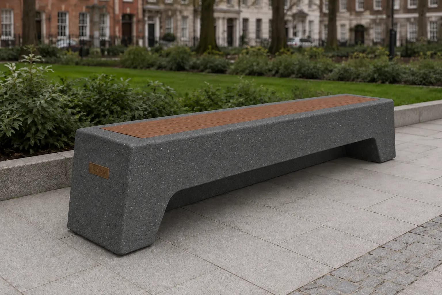 Caven Beam Bench — in context — basalt concrete + sapelli