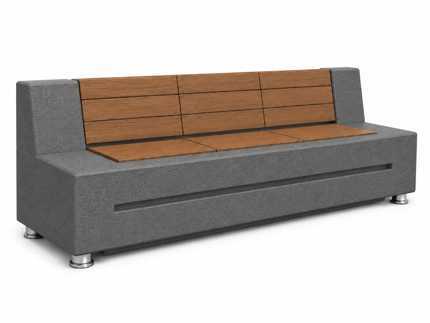 Caven Rest Bench — 3/4 perspective — basalt concrete + sapelli