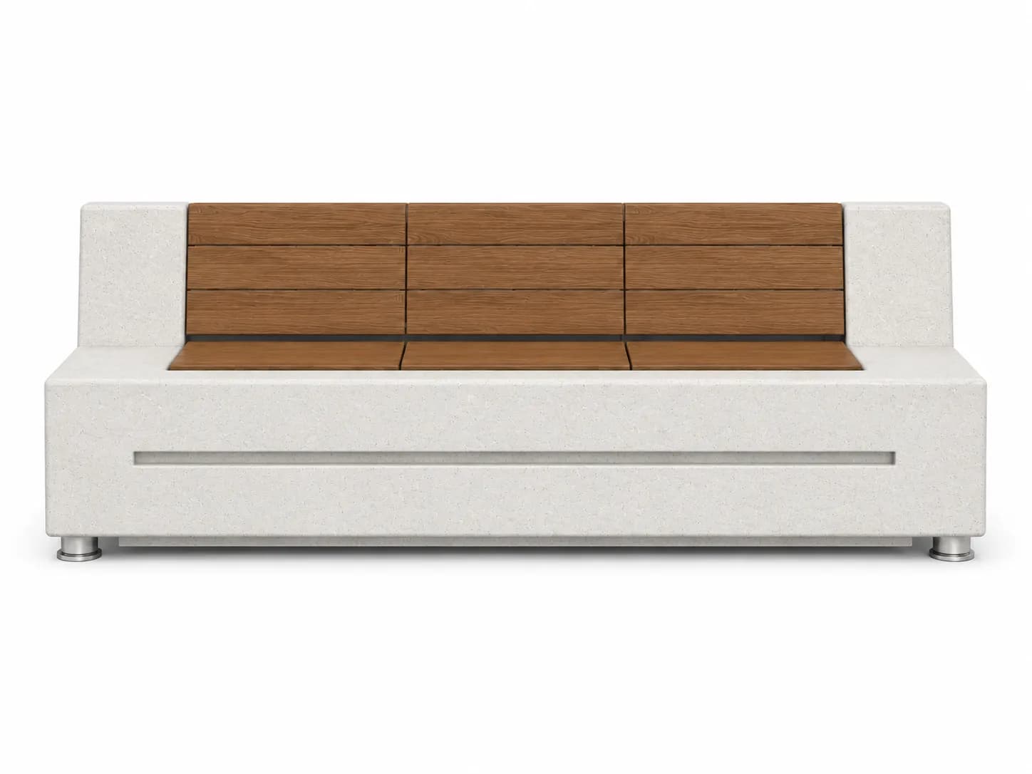 Caven Rest Bench — front view — off-white concrete + iroko