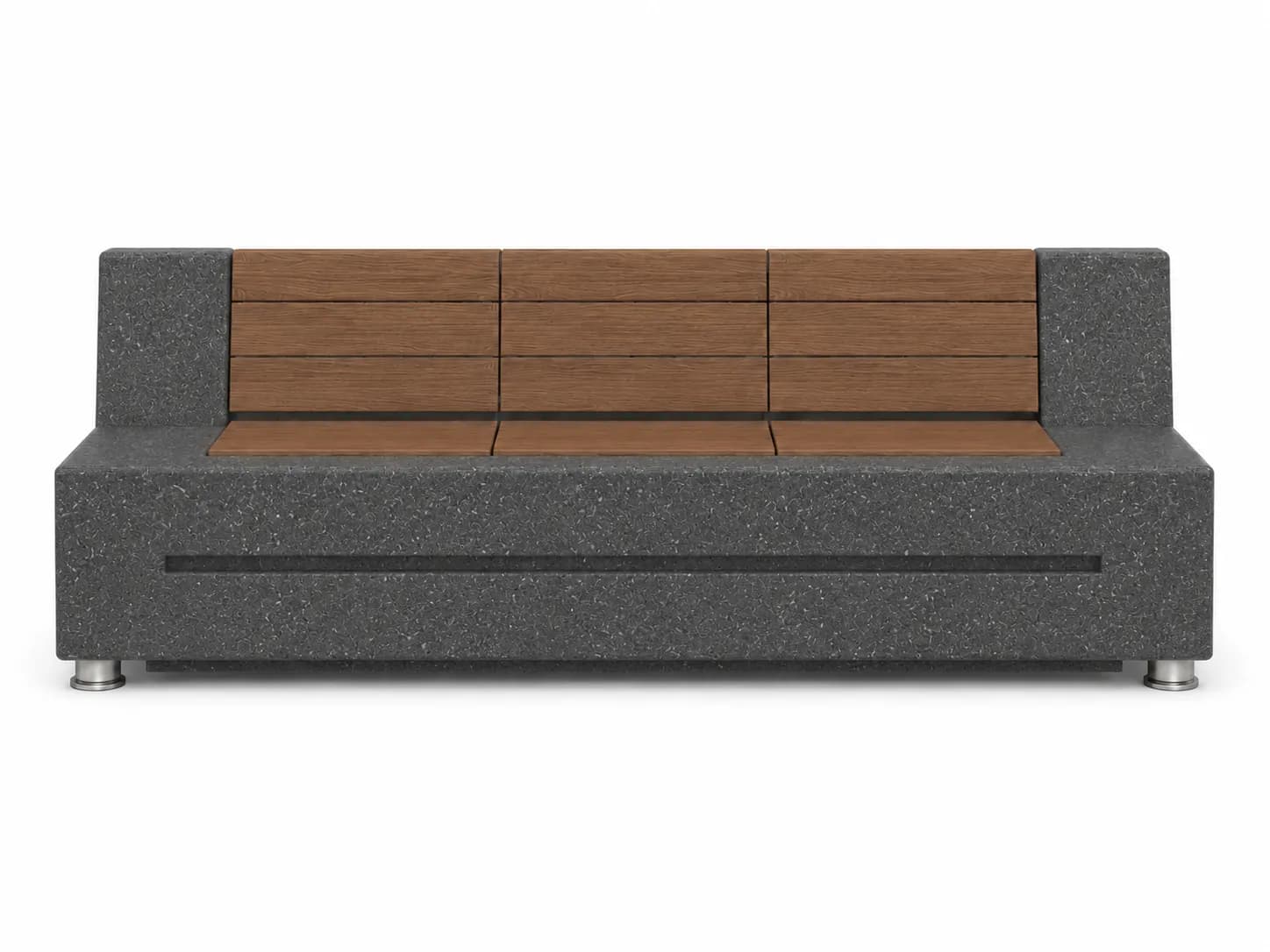 Caven Rest Bench — front view — basalt concrete + sapelli