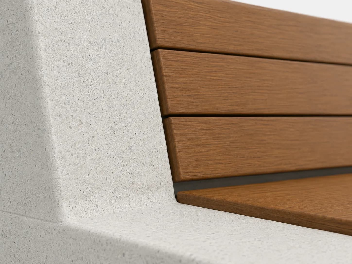 Caven Rest Bench — detail close-up — off-white concrete + iroko