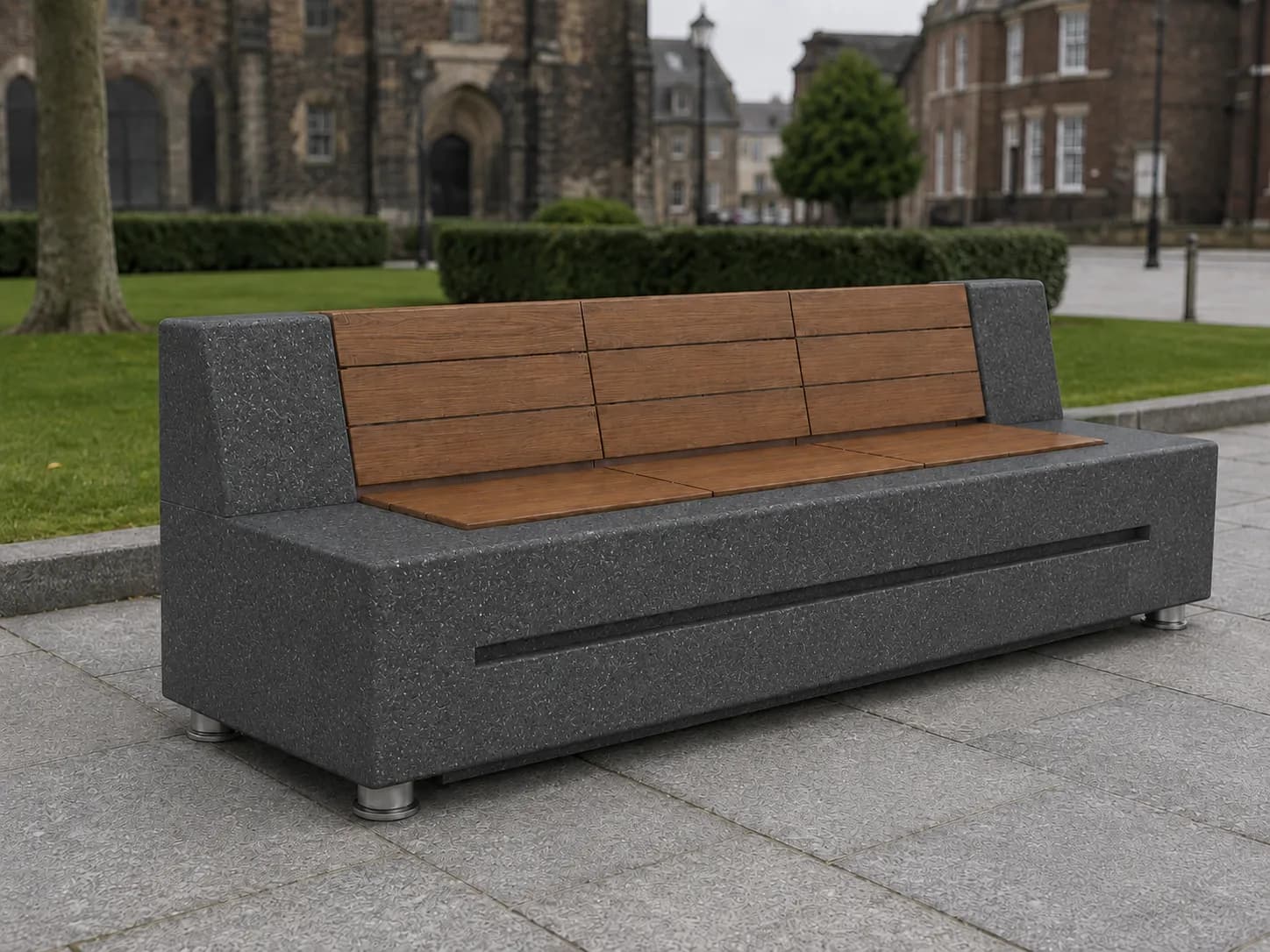 Caven Rest Bench — in context — basalt concrete + sapelli