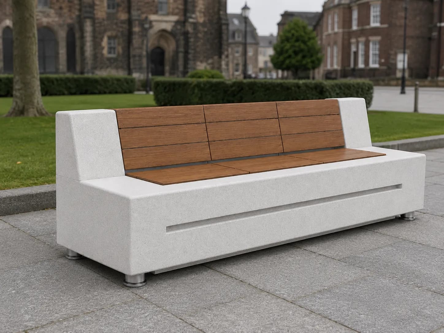 Caven Rest Bench — in context — off-white concrete + iroko