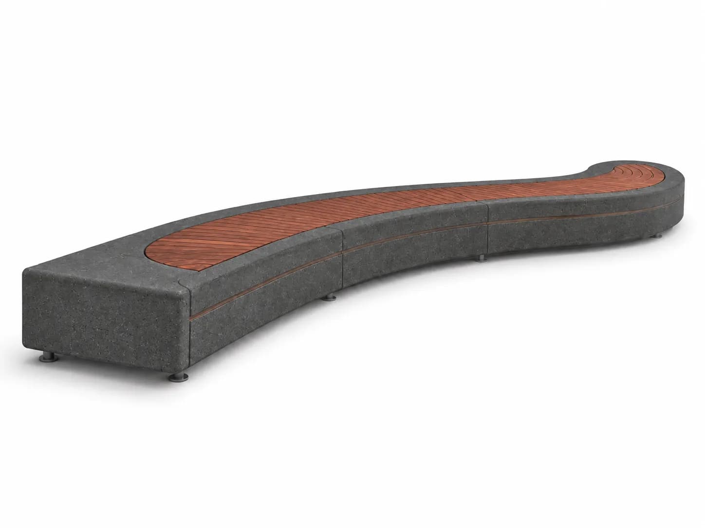 Caven Arc Bench — 3/4 perspective — basalt concrete + sapelli