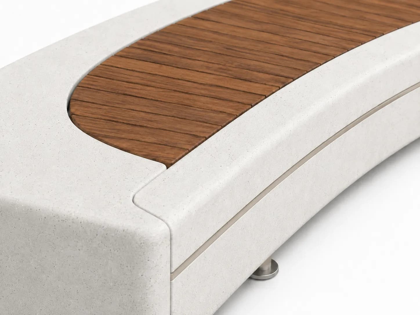 Caven Arc Bench — detail close-up — off-white concrete + iroko