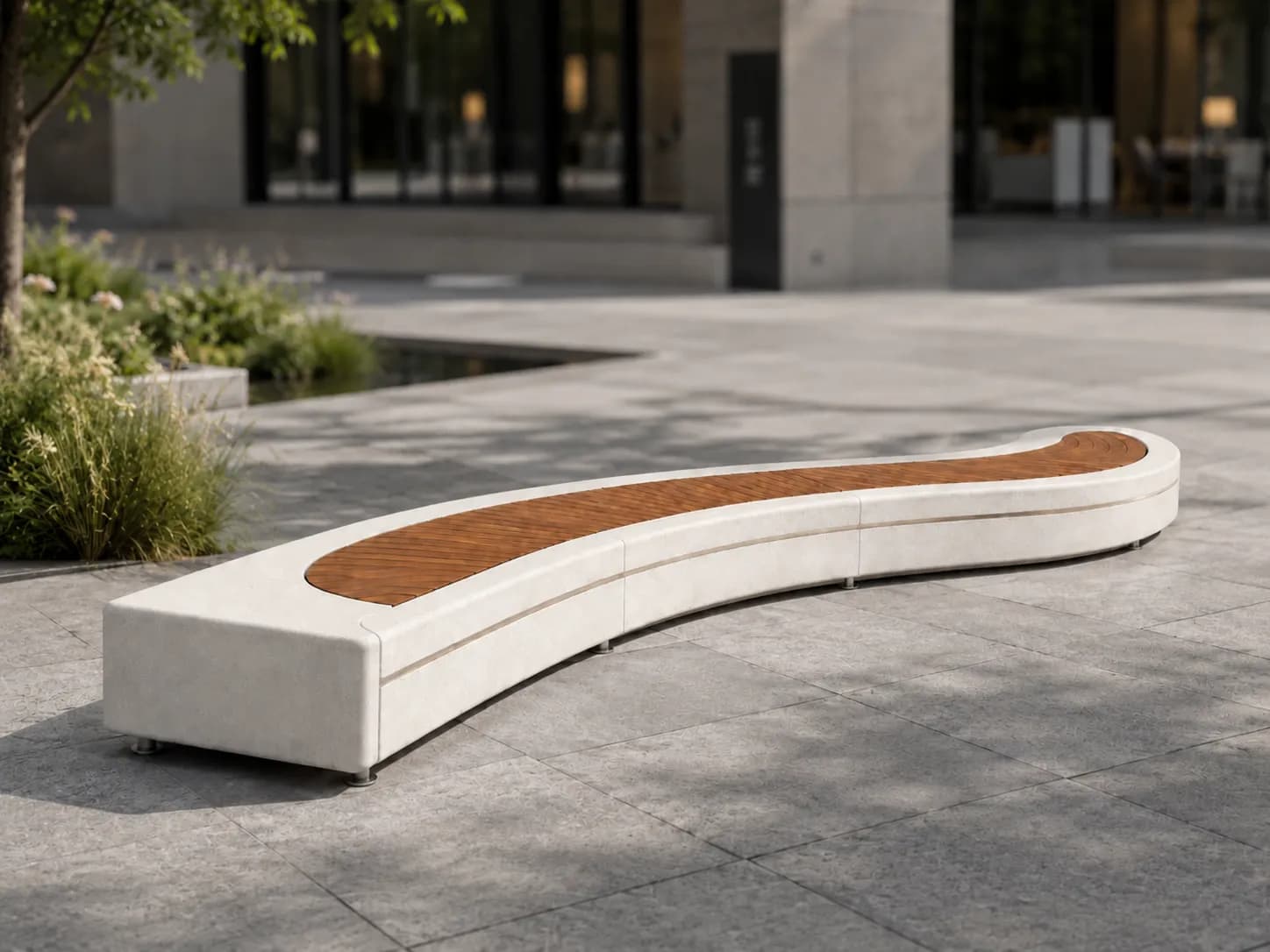 Caven Arc Bench — in context — off-white concrete + iroko