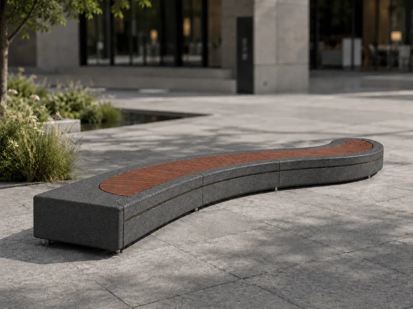 Caven Arc Bench — in context — basalt concrete + sapelli