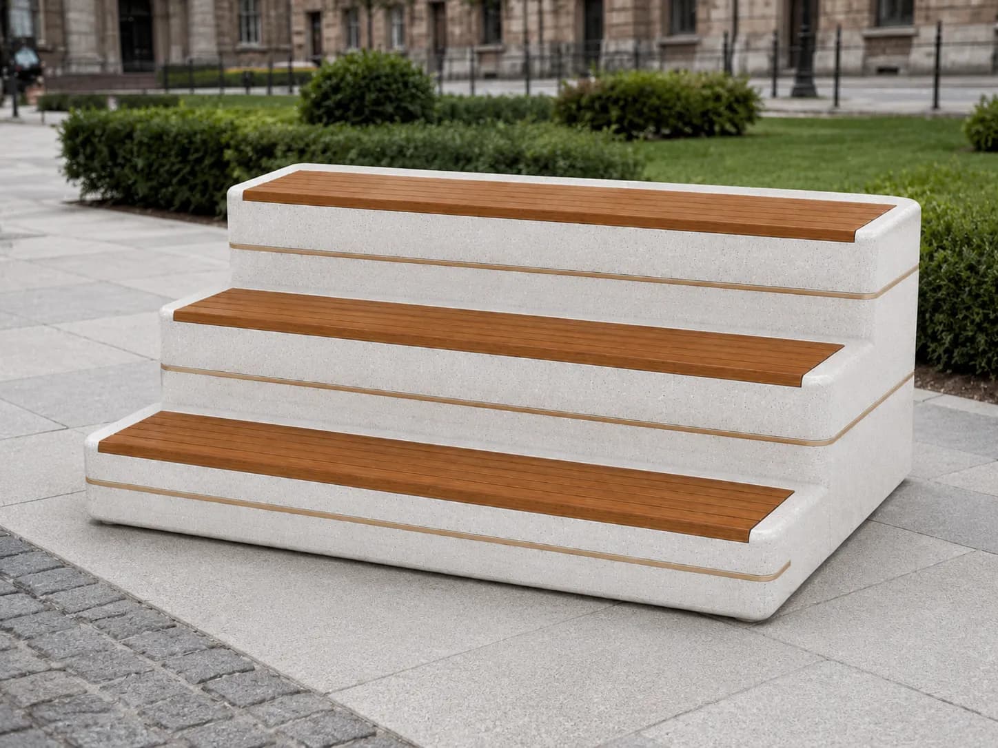 Liora Gradus Amphi — in context — off-white concrete + iroko