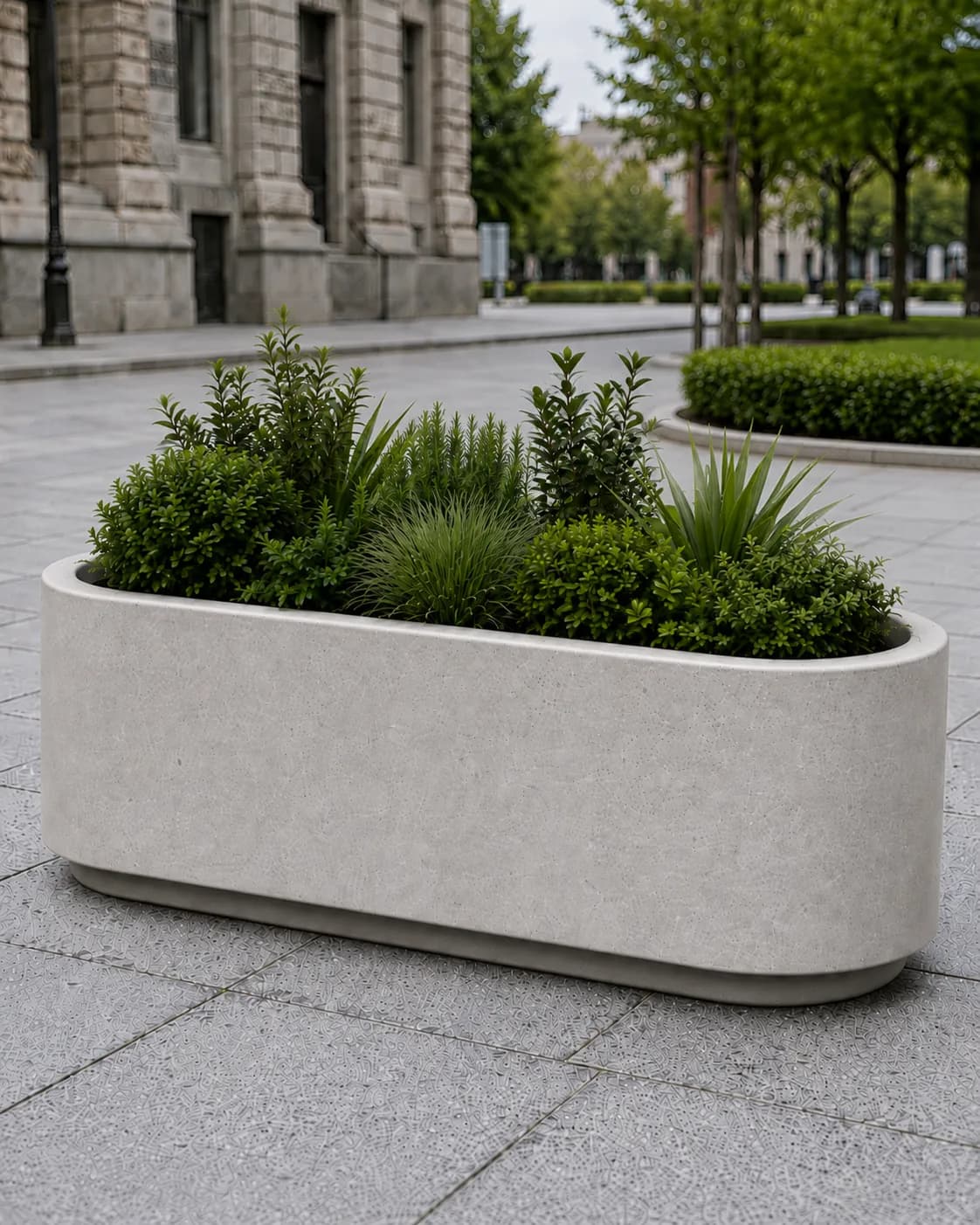 Arvia Planter — in context — off-white concrete + iroko