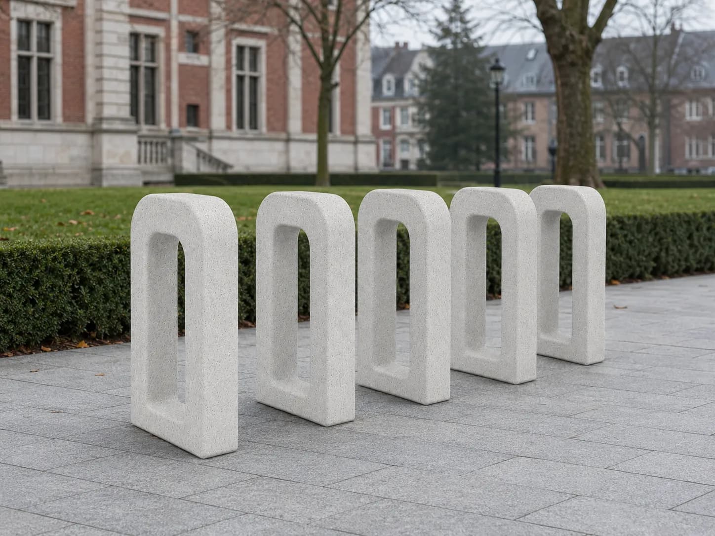 Aura Bike Parking — front view — off-white concrete + iroko