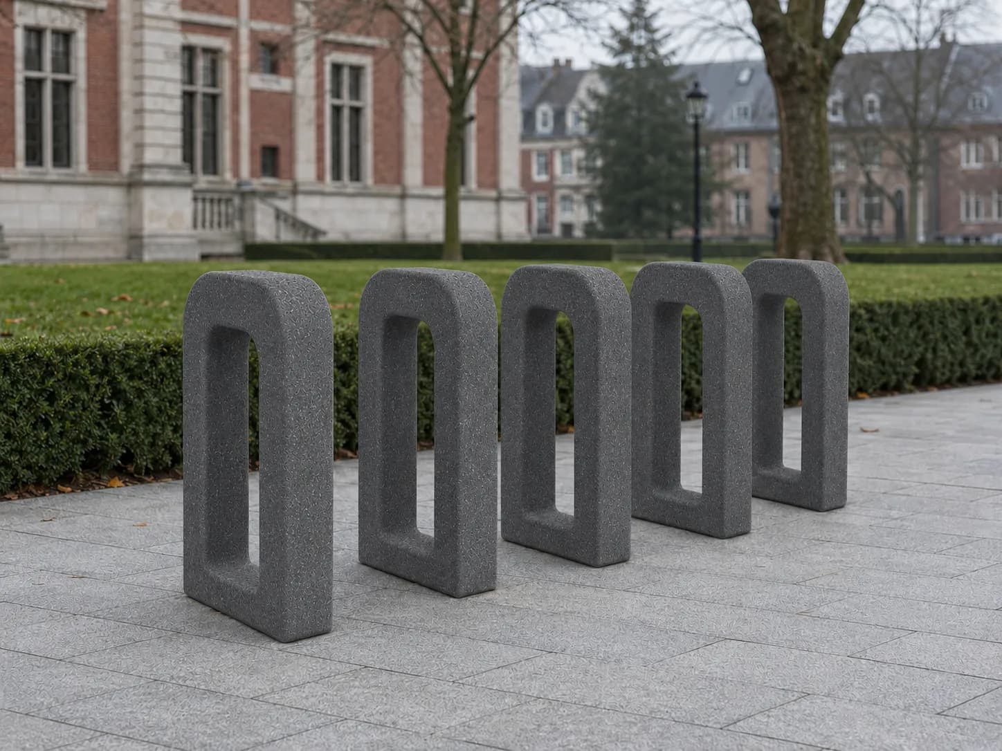 Aura Bike Parking — front view — basalt concrete + sapelli
