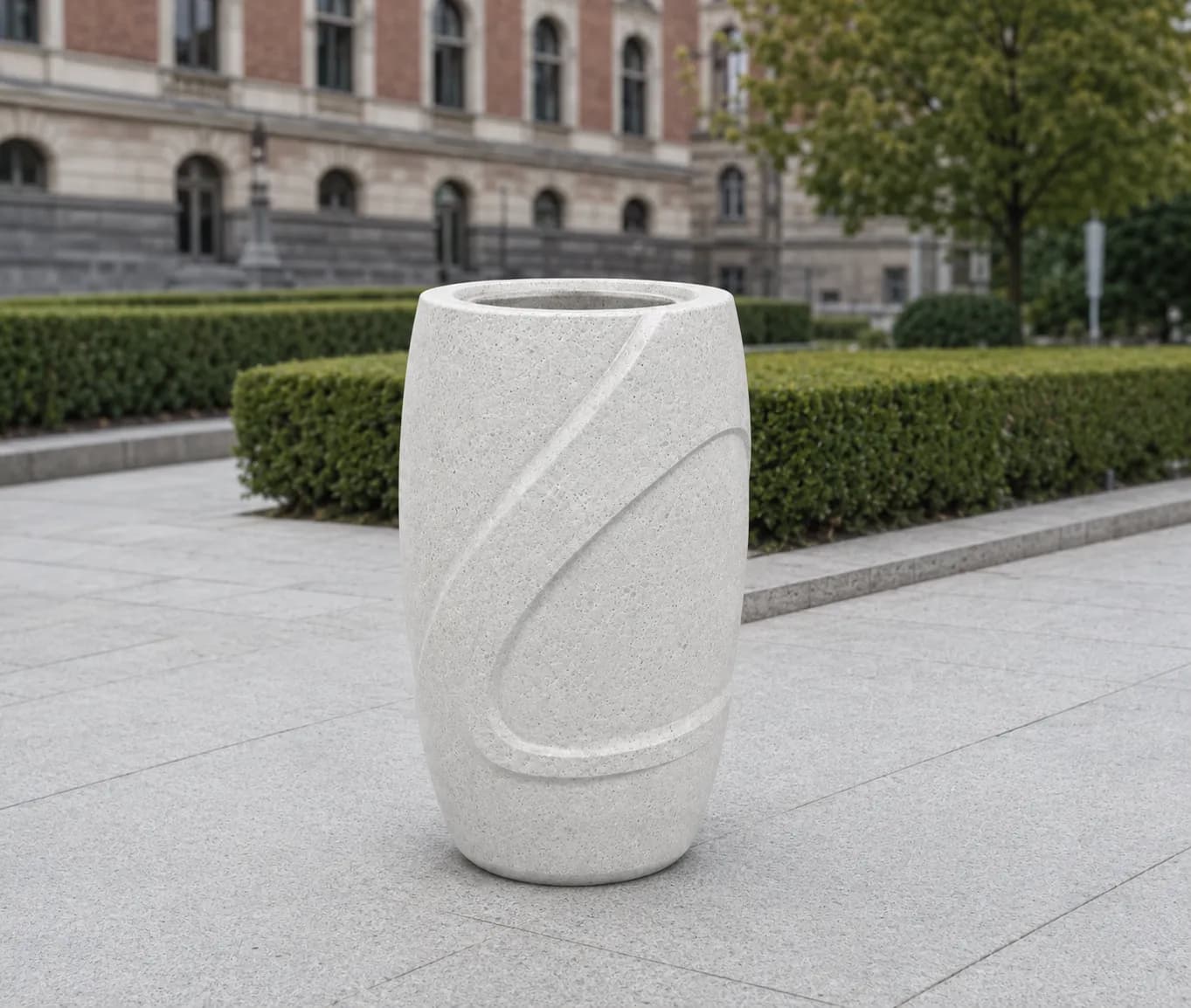 Auro Tall Wave Planter — in context — off-white concrete + iroko