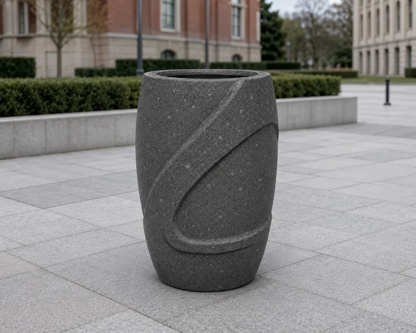 Auro Tall Wave Planter — in context — off-white concrete + iroko