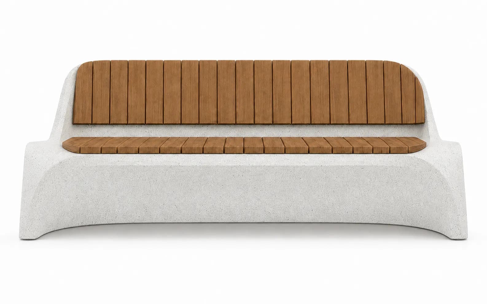 Lıvora Curved Bench — front view — off-white concrete + iroko