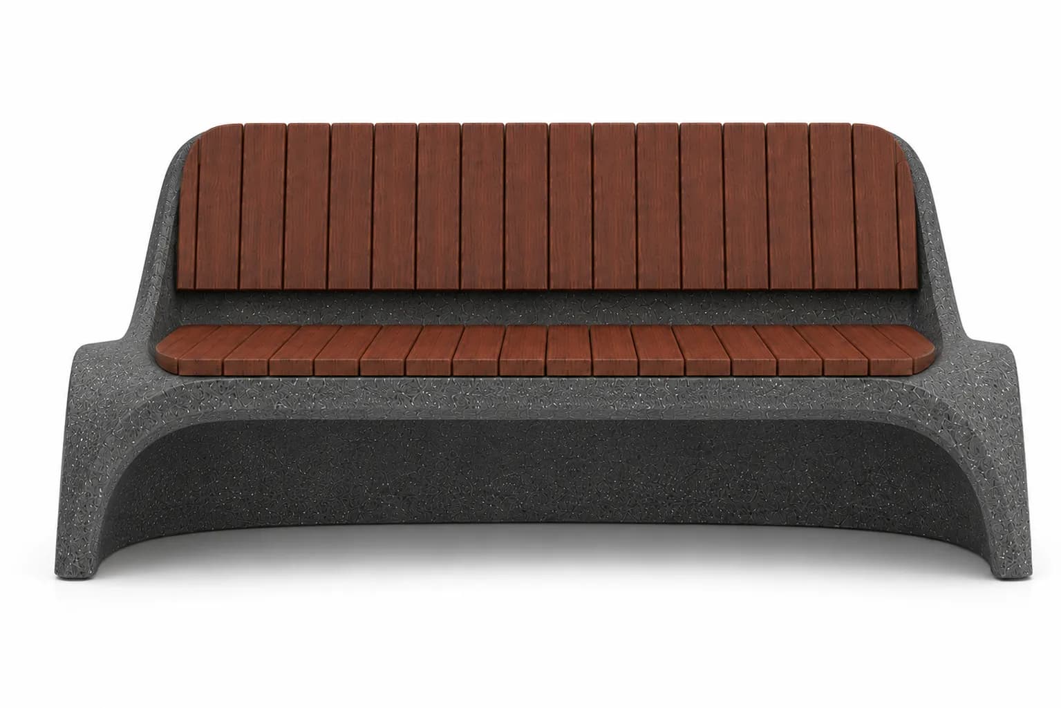 Lıvora Curved Bench — front view — basalt concrete + sapelli