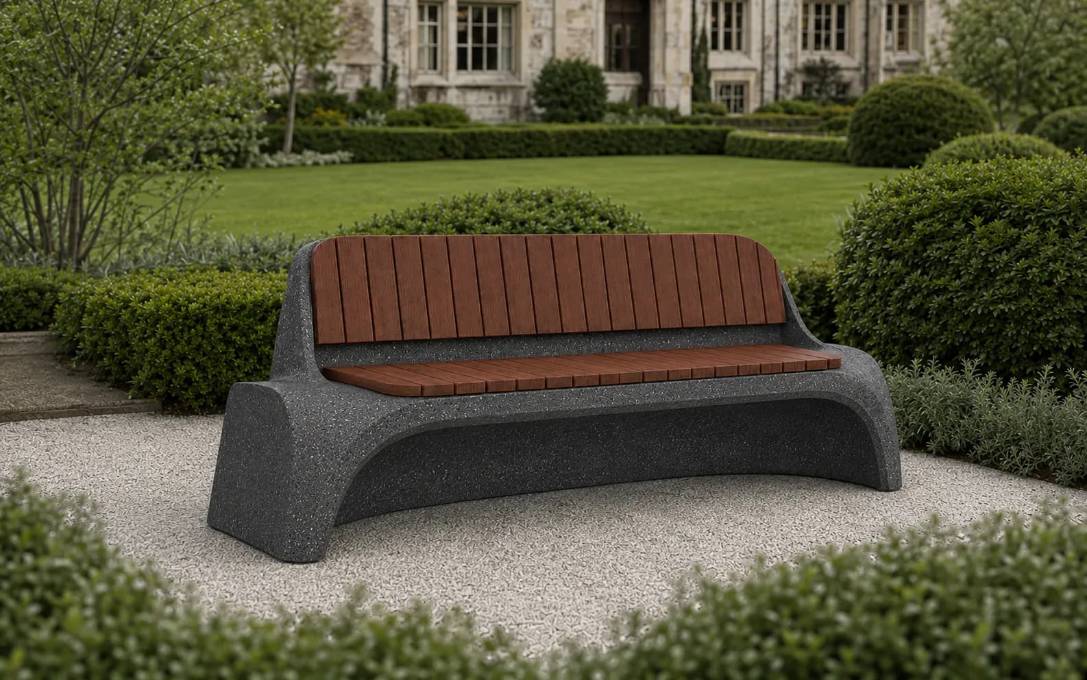 Lıvora Curved Bench — in context — off-white concrete + iroko