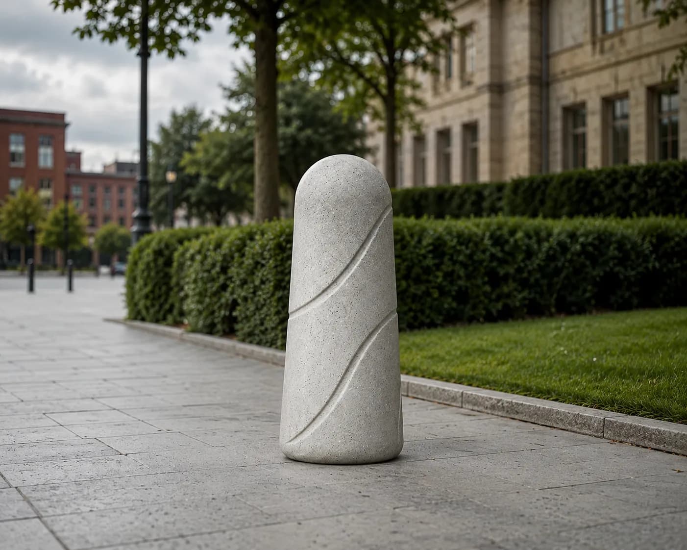 Aura Bollard — front view — off-white concrete + iroko