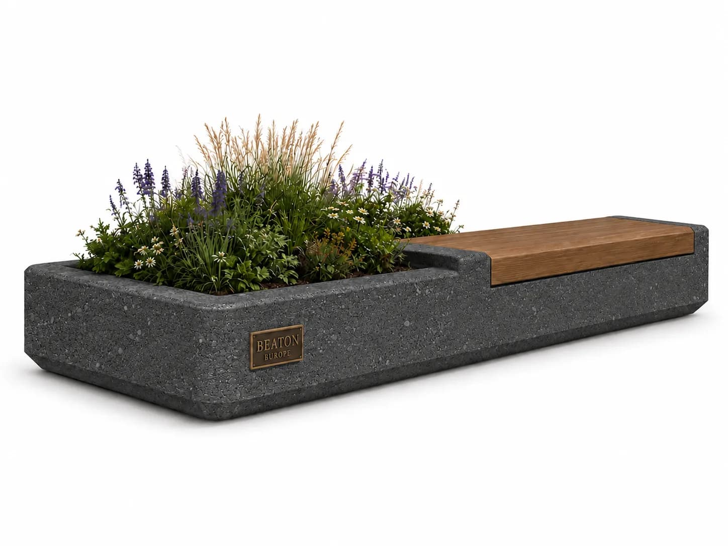 Arvia Planter Seating Unit — 3/4 perspective — basalt concrete + sapelli