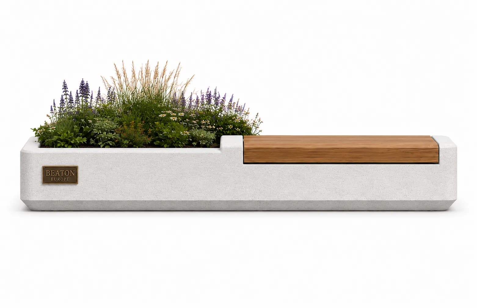 Arvia Planter Seating Unit — front view — off-white concrete + iroko