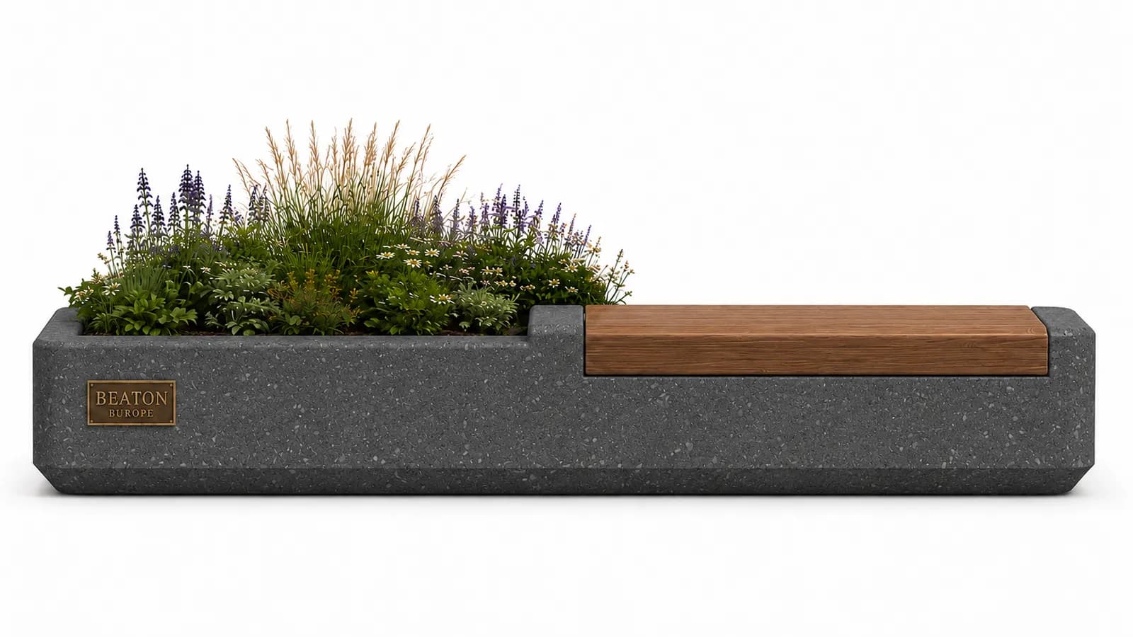 Arvia Planter Seating Unit — front view — basalt concrete + sapelli