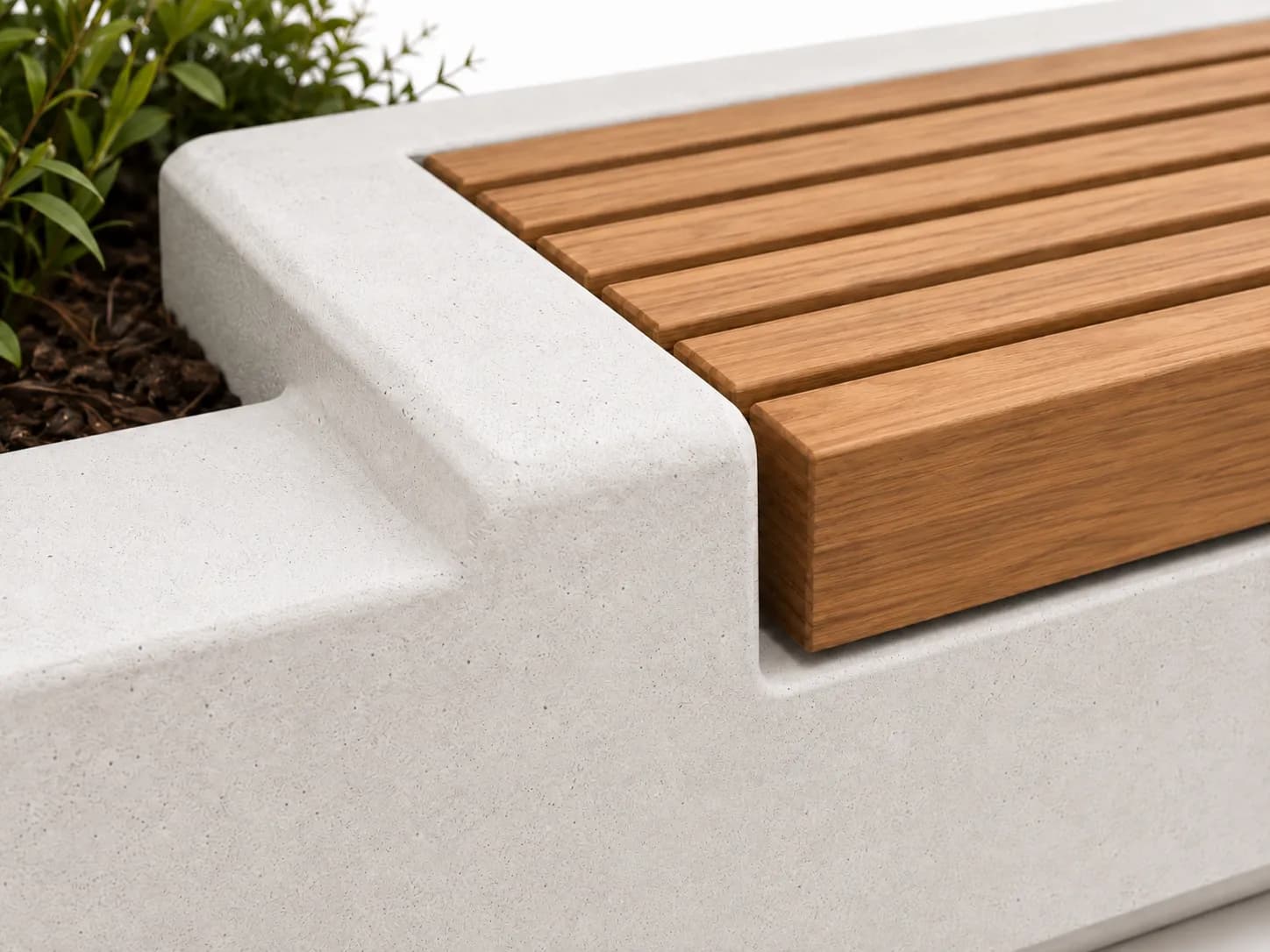 Arvia Planter Seating Unit — detail close-up — off-white concrete + iroko