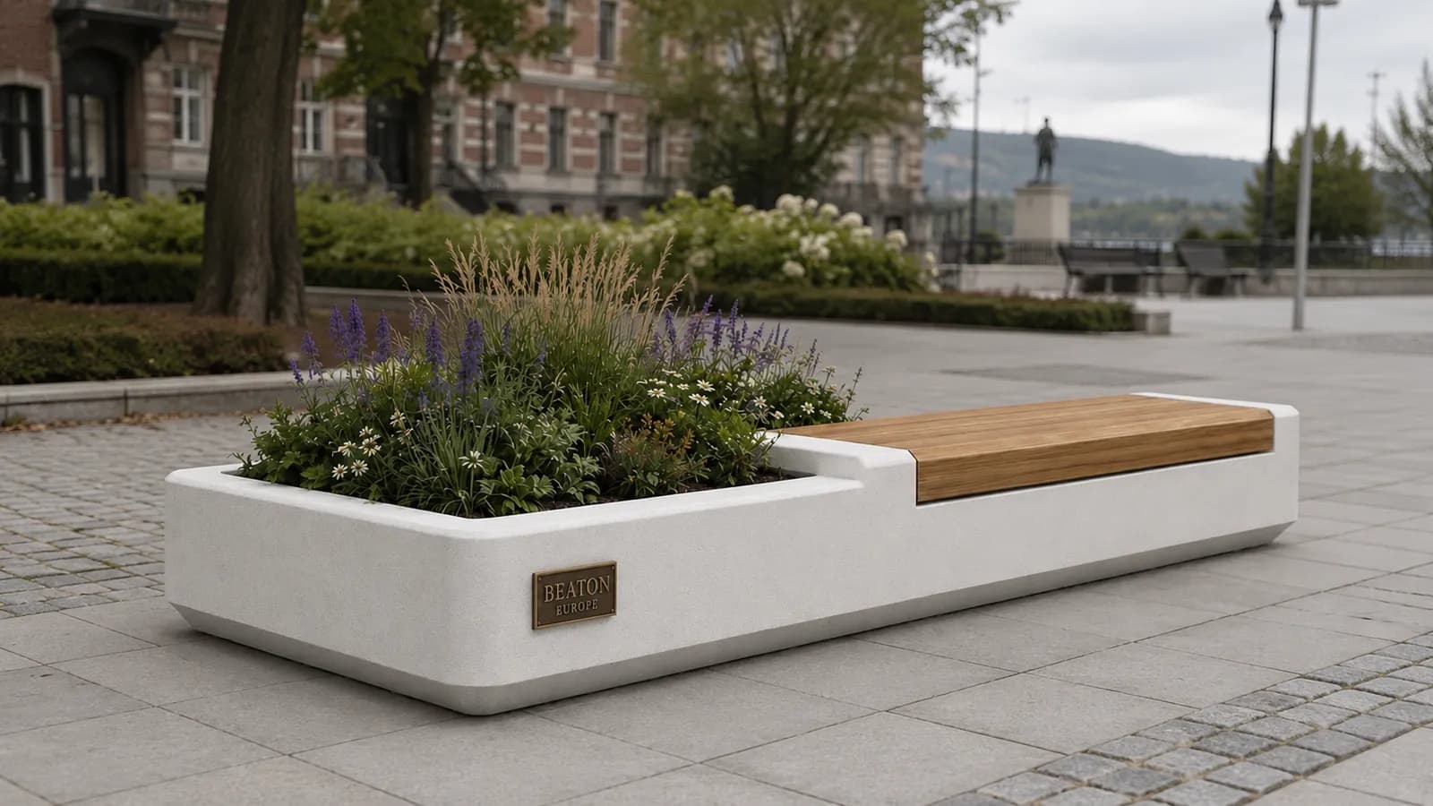 Arvia Planter Seating Unit — in context — off-white concrete + iroko
