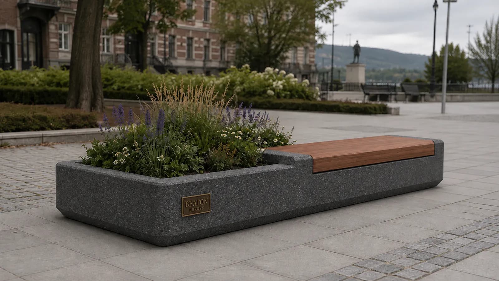 Arvia Planter Seating Unit — in context — basalt concrete + sapelli