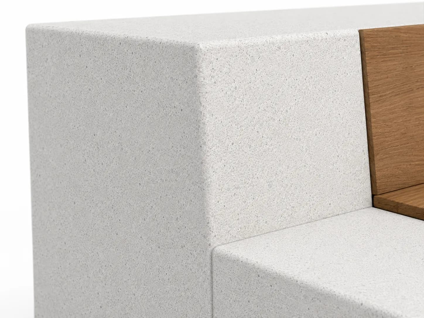 Norden Multifunctional Bench — detail close-up — off-white concrete + iroko