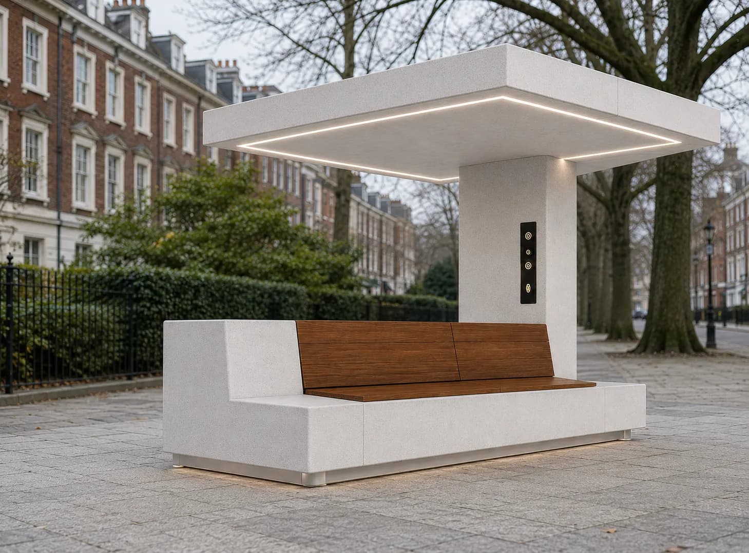 Norden Multifunctional Bench — in context — off-white concrete + iroko
