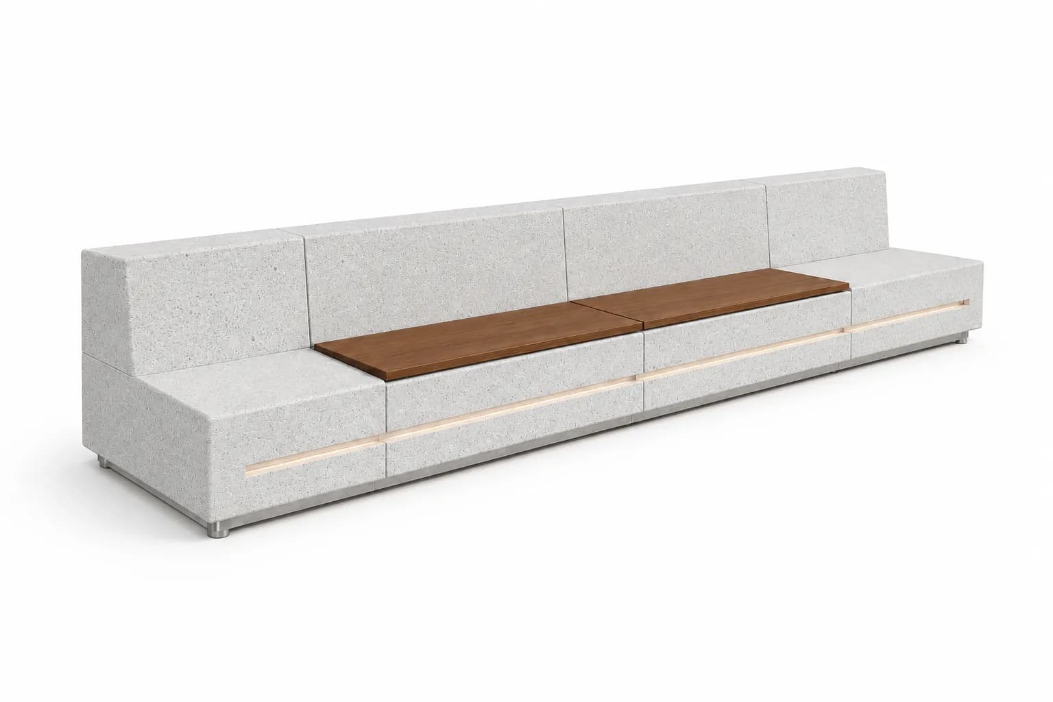 Caven Rest Modular Bench System — 3/4 perspective — off-white concrete + iroko