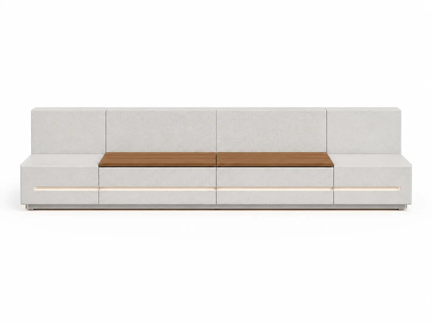 Caven Rest Modular Bench System — front view — off-white concrete + iroko