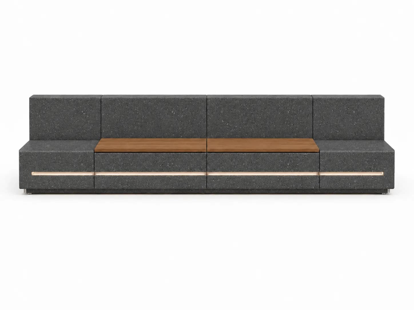 Caven Rest Modular Bench System — front view — off-white concrete + iroko