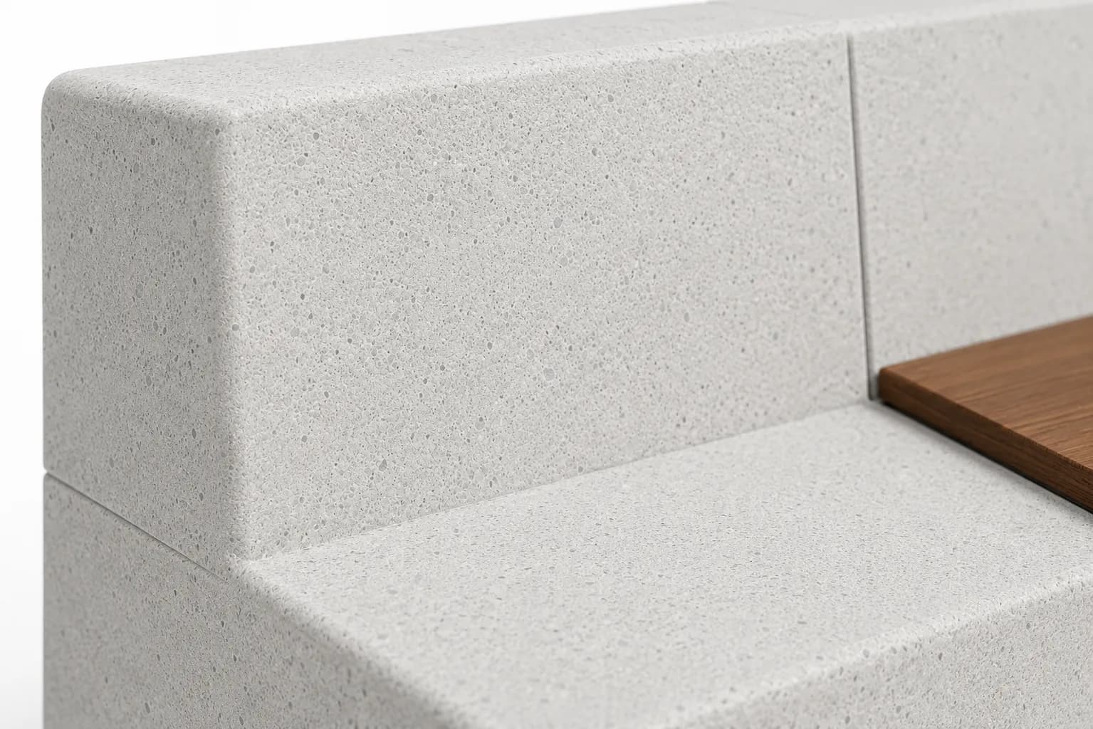 Caven Rest Modular Bench System — detail close-up — off-white concrete + iroko