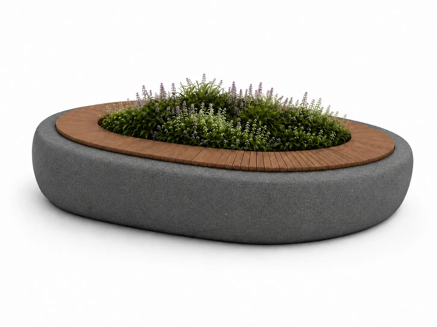 Orlen Planter Seating Unit — 3/4 perspective — basalt concrete + sapelli