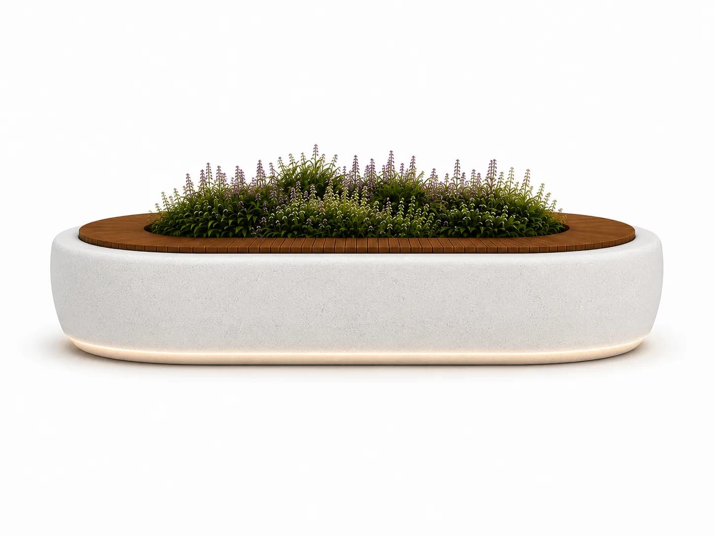Orlen Planter Seating Unit — front view — off-white concrete + iroko