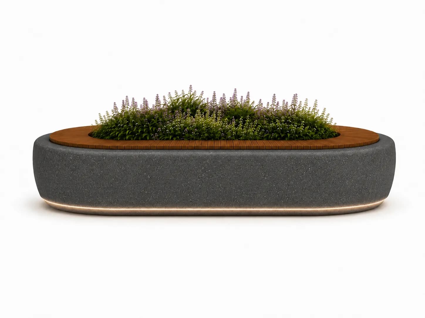 Orlen Planter Seating Unit — front view — basalt concrete + sapelli